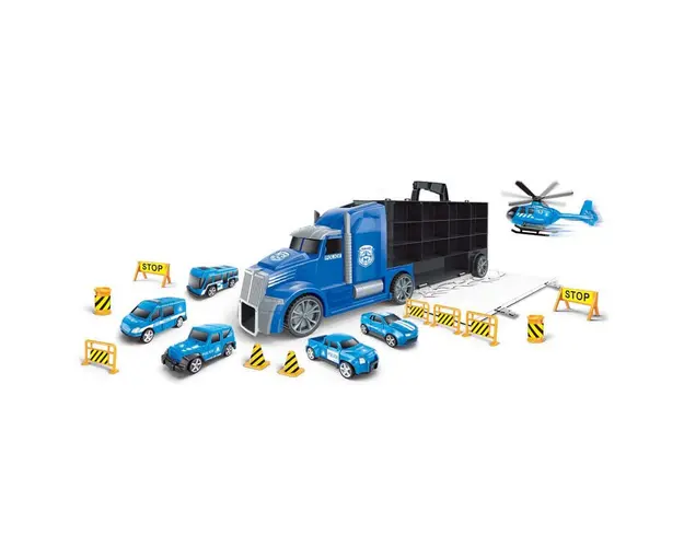 Camion de politie transportator cu masini si elicopter