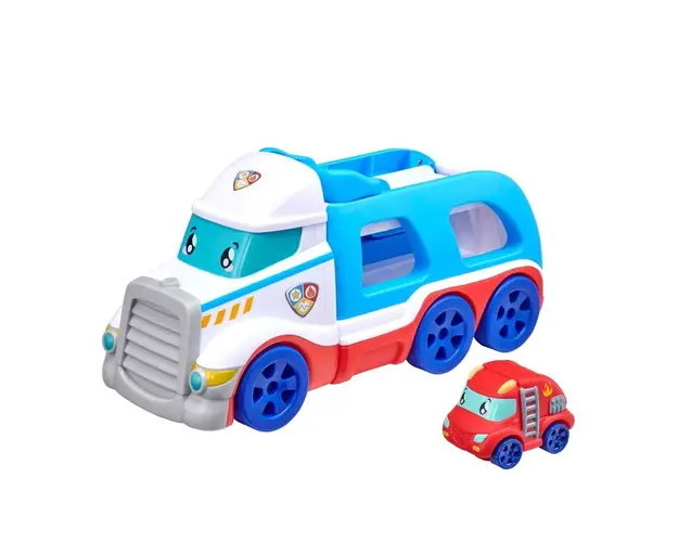 Camion transportator cu o masinuta din plastic moale Tiny Teamsterz