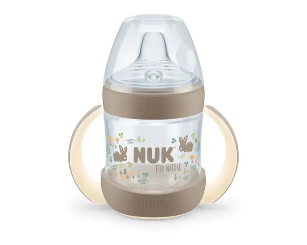 Cana de tranzitie cu manere, cioc de silicon si control temperatura Nuk For Nature 150 ml Crem