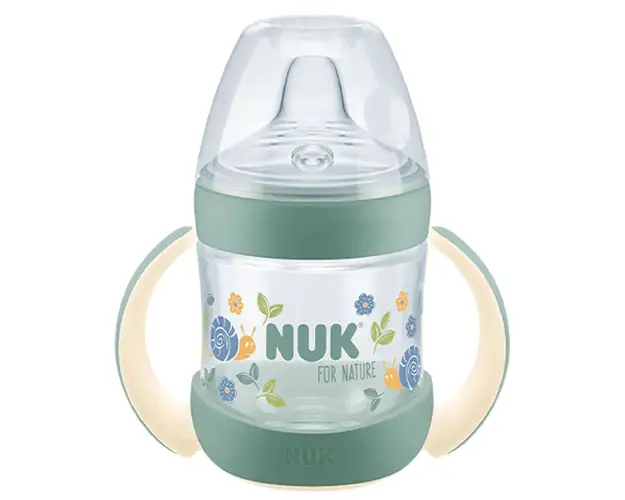 Cana de tranzitie cu manere, cioc de silicon si control temperatura Nuk For Nature 150 ml Verde