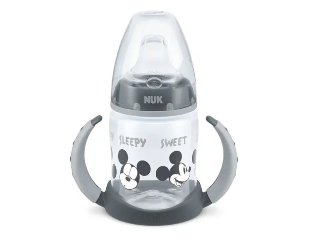 Canuta cu manere si cioc silicon cu control de temperatura Nuk First Choice Mickey Grey