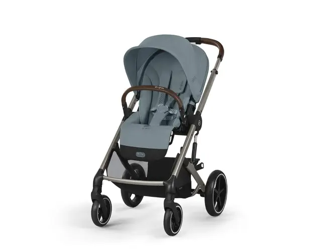 Carucior Cybex Gold Balios S Lux Stormy Blue cu cadru taupe si maner curbat