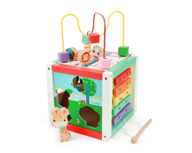 Jucarie bebelusi Cub din lemn cu activitati Fisher Price Activity Center 5 in 1