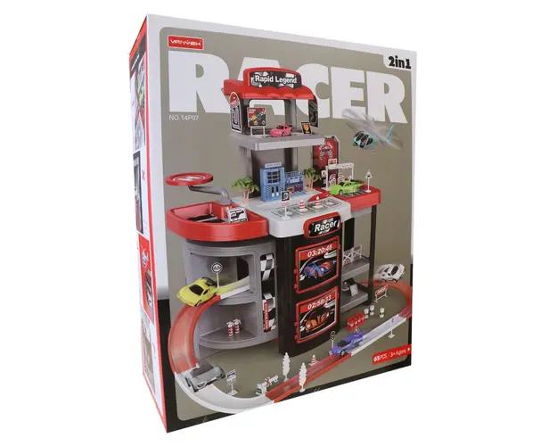 Mega garaj supraetajat in valiza Racer cu 6 masinute si 1 elicopter