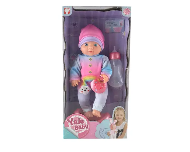 Papusa care face pipi Yale Baby cu pijama curcubeu 25 cm