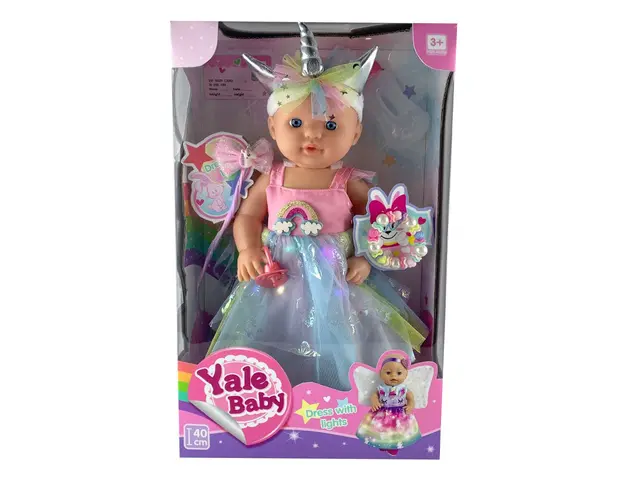 Papusa care face pipi Yale Baby cu rochita si tiara unicorn 40 cm