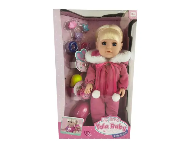 Papusa Yale Baby cu salopeta de iarna roz 35 cm