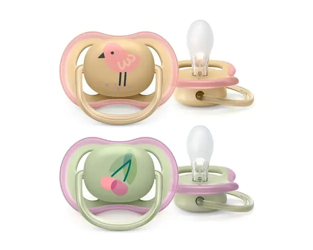 Set 2 suzete cu tetina de silicon Avent Ultra Air 0-6 luni Cirese si Pasare