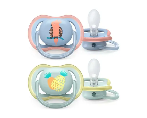 Set 2 suzete silicon Avent Ultra Air 0-6 luni Papagal si Ananas