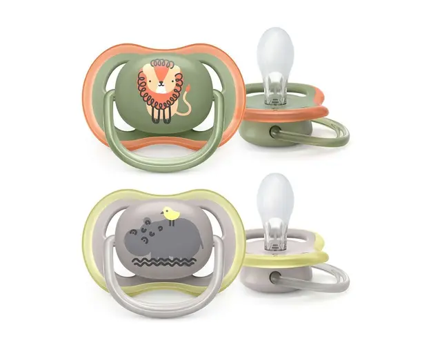 Set 2 suzete silicon Avent Ultra Air 6-18 luni Leu si Hipopotam