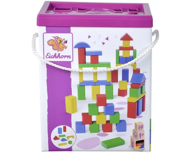 Set 50 cuburi de lemn colorate Eichhorn