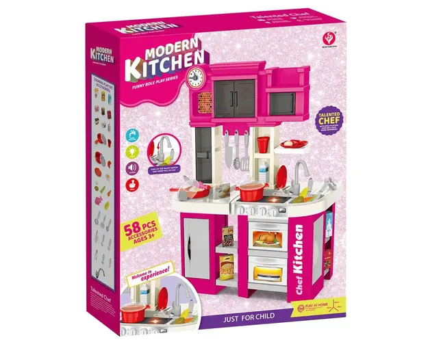 Set de joaca bucatarie cu functii realiste si accesorii Modern Kitchen Roz 58 piese