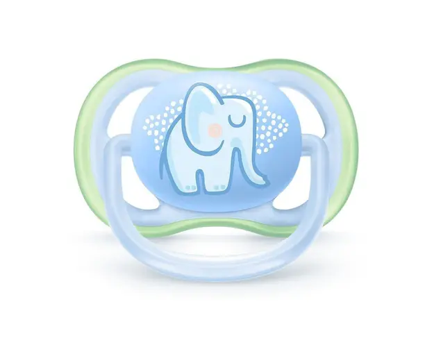 Suzeta ortodontica cu tetina de silicon Avent Ultra Air 0-6 luni Elefant Albastru