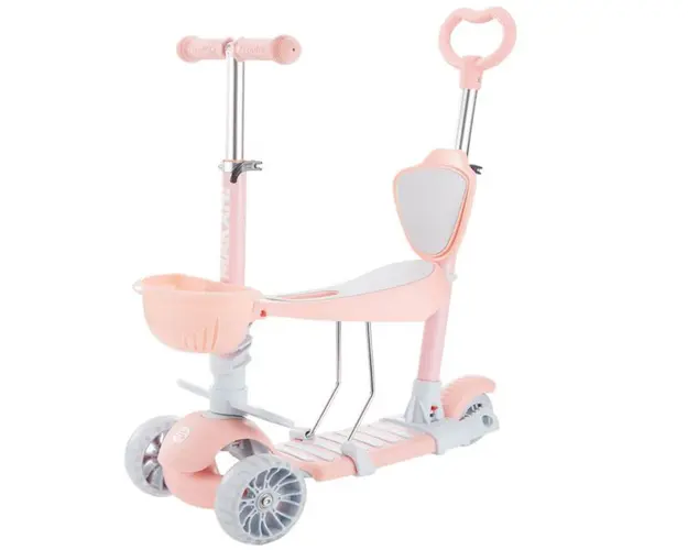 Trotineta cu scaun 3 roti pentru fete peste 1 an Kikka Makani 4 in 1 BonBon roz cu luminite