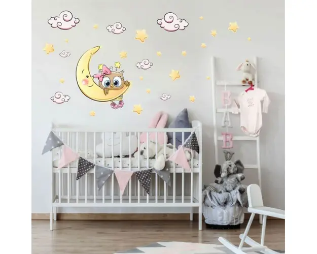 Autocolant - Bufnita roz pe luna + nori si stele, 60 x 50 cm