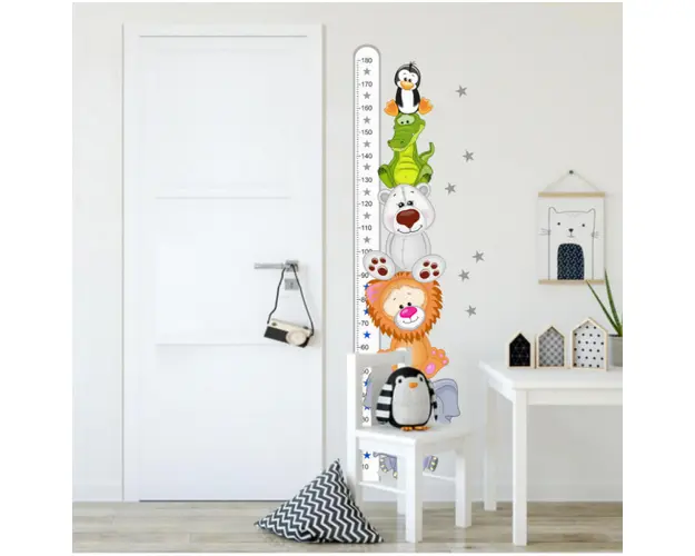 Autocolant - metru de masurare a inaltimii cu animale II - 180cm, 45 x 188 cm metru gri-alb