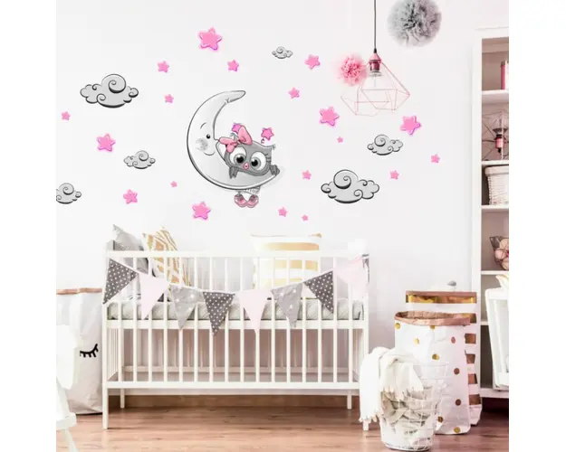 Autocolant pentru camera copiilor - pui de bufnita roz-gri + nori si stele, Luna 60x50cm
