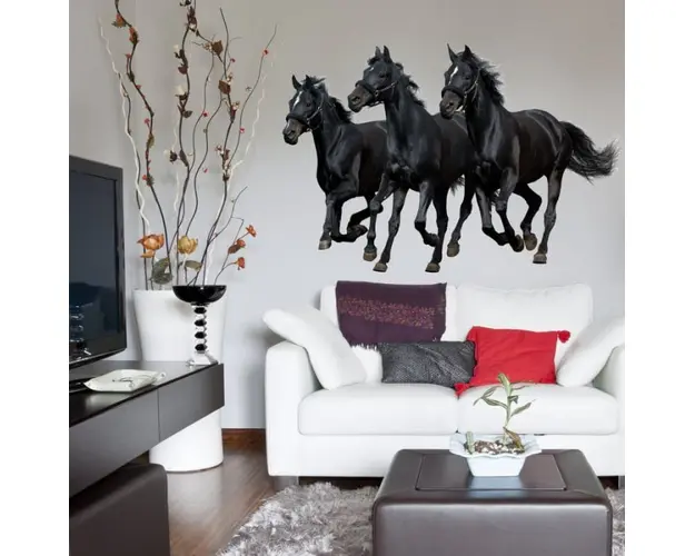Autocolant pentru perete cu trei cai negri, 60 x 90cm, Negru