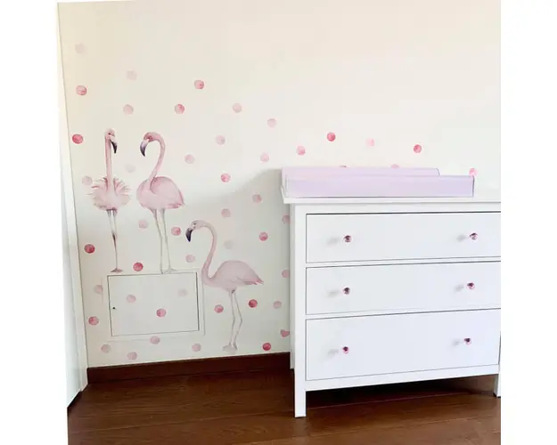 Autocolant pentru perete - flamingo roz cu sfere, 100 x 90 cm