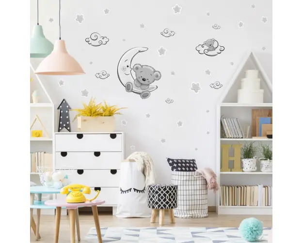 Autocolant pentru perete - Ursulet si luna 50 x 60 cm + stele si nori