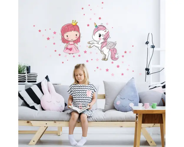 Autocolant - Printesa si unicorn + stele, printesa 60 x 38 cm, unicorn 68 x 55 cm