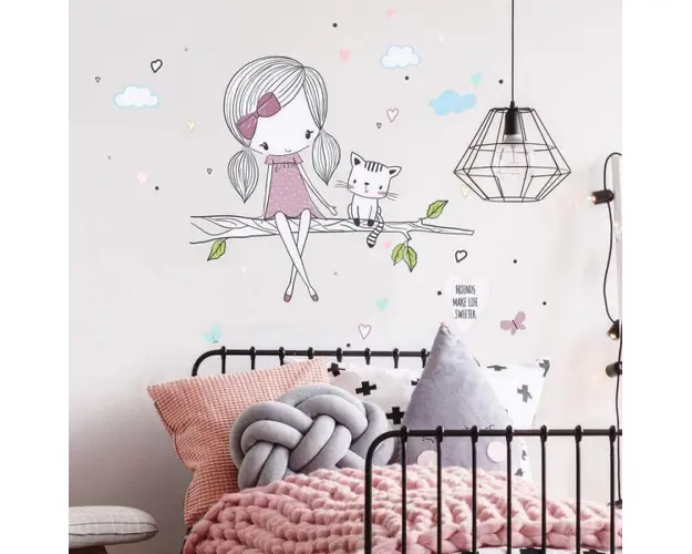 Autocolant zana pe o ramura cu un pisoi mov, 81 x 94 cm