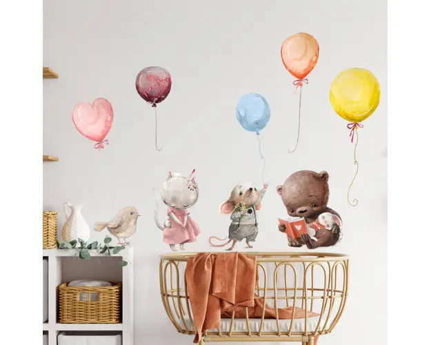 Autocolante deasupra patului - animale cu baloane in culori pastel