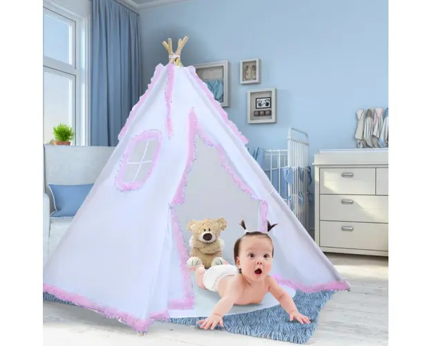 Cort de joaca pentru copii, cort teepee, stil indian, Empria, 110x110x110 cm, Alb Roz