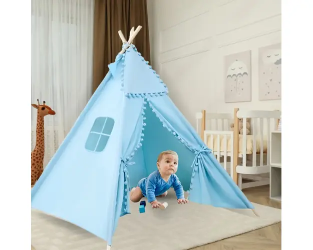 Cort de joaca pentru copii, cort teepee, stil indian, Empria, 110x110x110 cm, Bleu