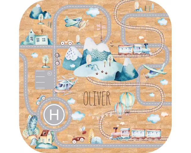 Covor de joaca din pluta pentru copii cu un drum, masini si nume - Tren si avioane, 129 x 129 cm