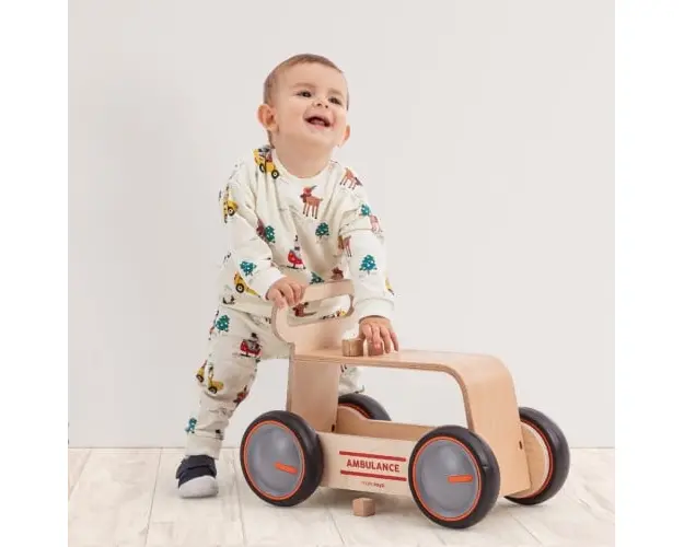 Masinuta ride-on, premergator si carucior de jucarii MamaToyz DriveMe Wood, Ambulanta - Jucarie din lemn 3 in 1