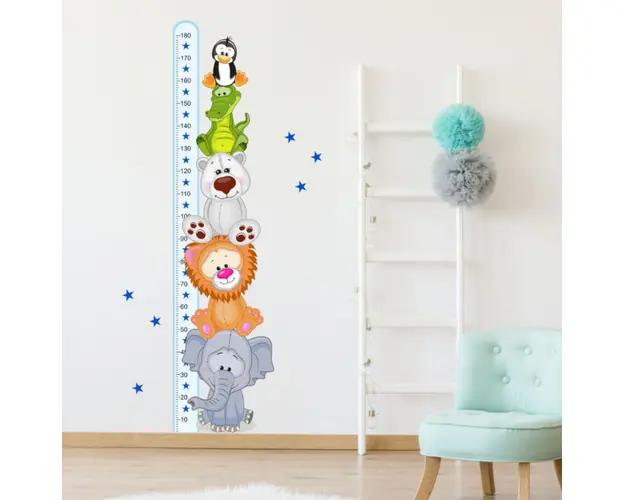 Metru albastru cu animale in camera copiilor, 45 x 188 cm