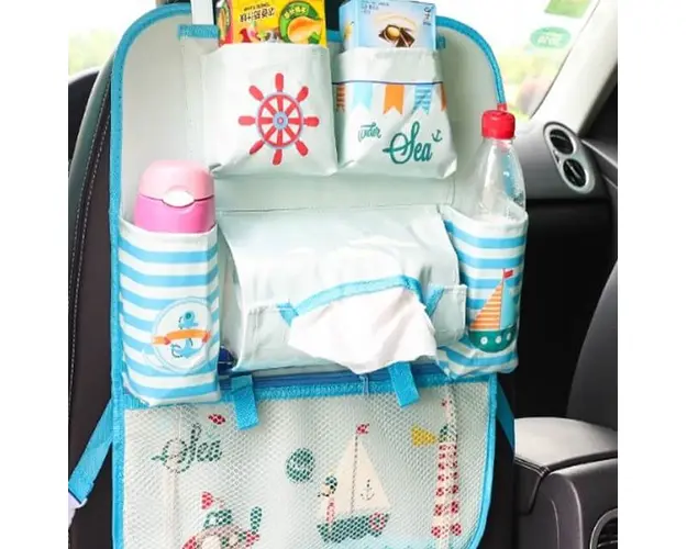 Protectie scaun auto, organizator auto copii, 8 buzunare, Empria, 54x43 cm, Bleu