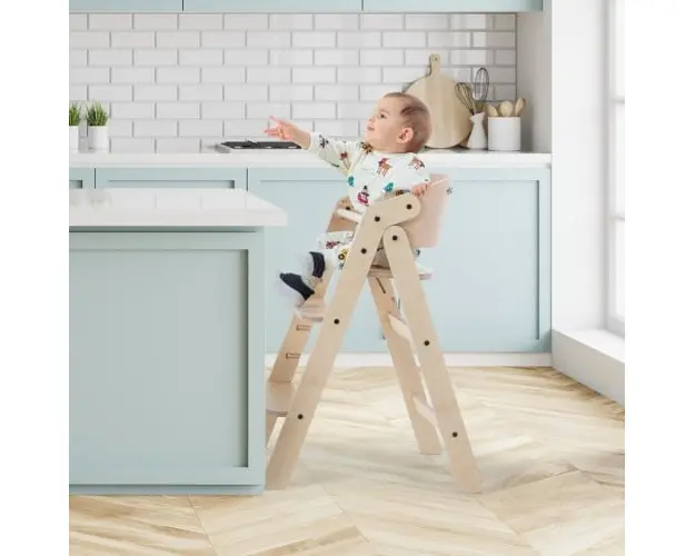Scaun de masa pliabil din lemn MamaToyz, multifunctional si transformabil cu masuta, 6 luni - adolescent, Natur