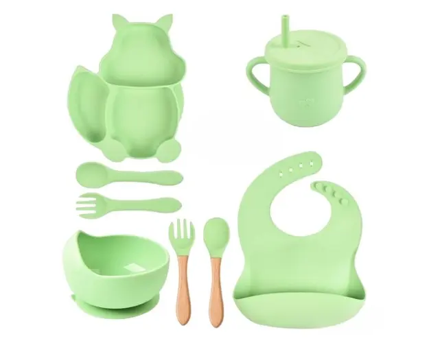 Set complet din silicon fara alergeni pentru diversificare bebe, Empria, Veverita, Verde