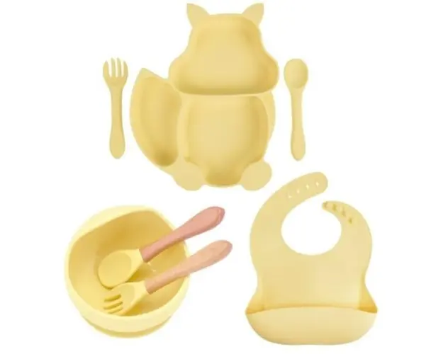Set complet din silicon fara alergeni pentru diversificare bebe, Empria, Veverita, Galben