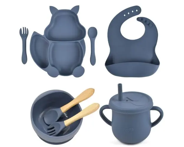 Set complet din silicon fara alergeni pentru diversificare bebe, Empria, Veverita, Albastru