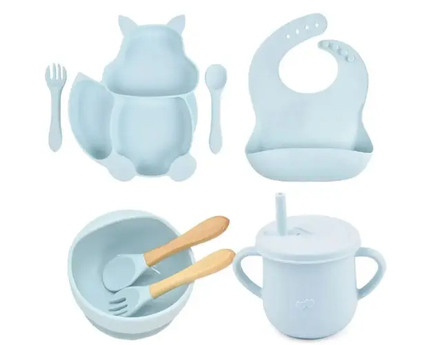 Set complet din silicon fara alergeni pentru diversificare bebe, Empria, Veverita, Turcoaz