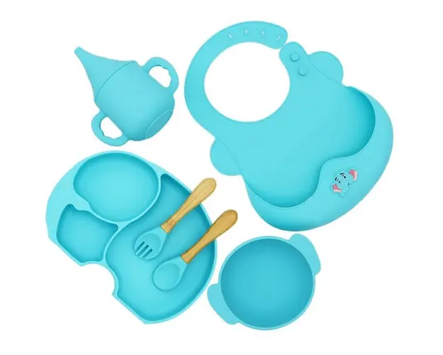 Set diversificare bebelusi Elefant, 6 piese, set hranire silicon fara BPA, Empria, Premium, Diverse culori