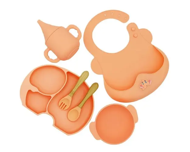 Set diversificare bebelusi Elefant, 6 piese, set hranire silicon fara BPA, Empria, Premium, Portocaliu