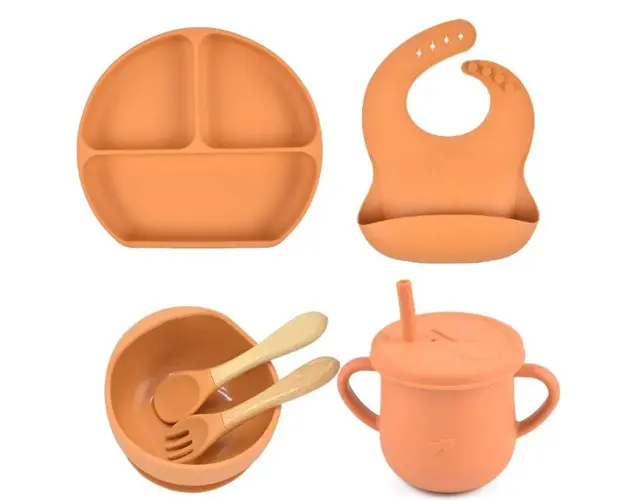 Set hranire bebelusi, 6 piese, diversificare, silicon fara BPA, Empria, Portocaliu