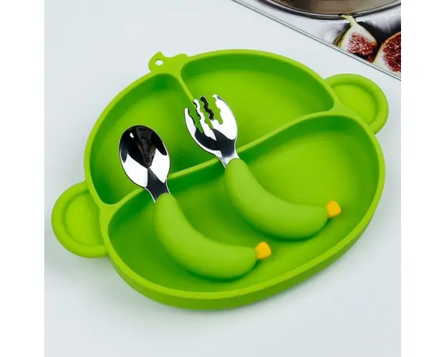 Set hranire bebelusi si copii, stangaci dreptaci sau ambidextri, farfurie silicon si tacamuri metalice, silicon fara alergeni, Empria, Maimutica, Diverse culori