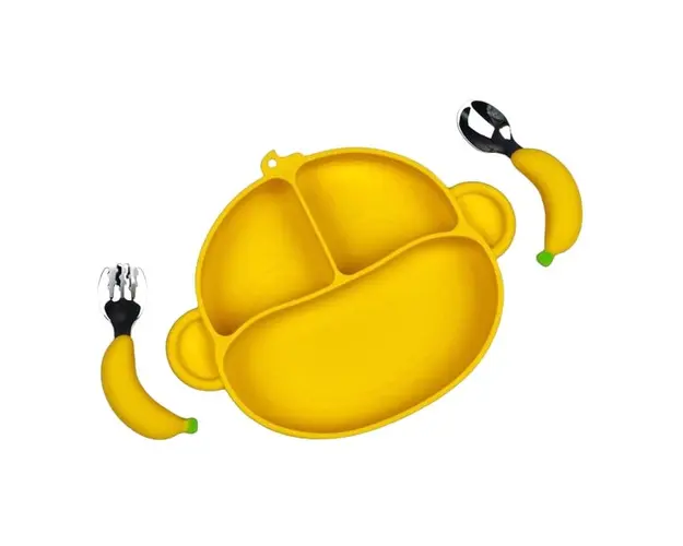 Set hranire bebelusi si copii, stangaci dreptaci sau ambidextri, farfurie silicon si tacamuri metalice, silicon fara alergeni, Empria, Maimutica, Galben
