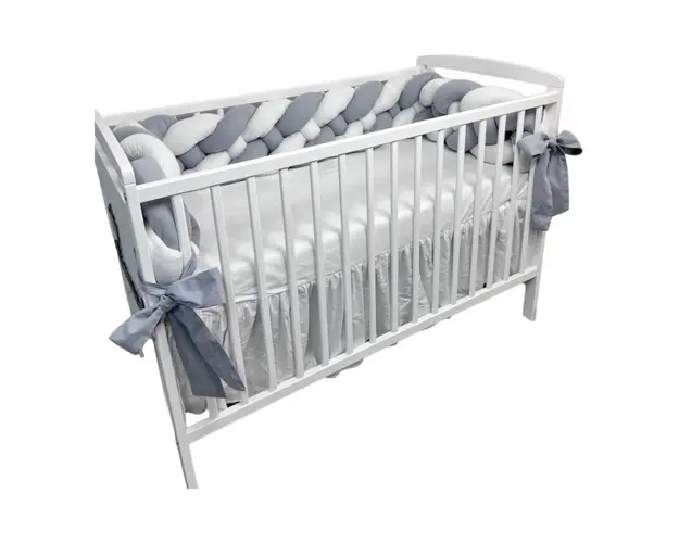 Aparatoare laterala patut bebe Deseda bumper impletita in 4 din bumbac 240 cm alb-gri