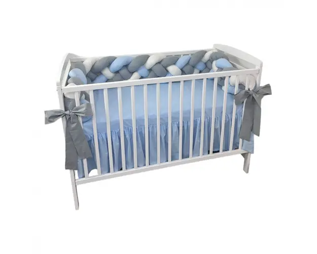 Aparatoare laterala patut bebe Deseda bumper impletita in 4 din bumbac 240 cm albastru pal-alb-gri