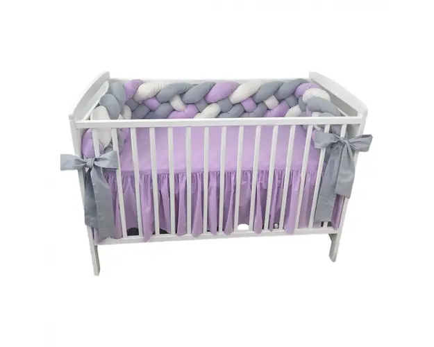 Aparatoare laterala patut bebe Deseda bumper impletita in 4 din bumbac 240 cm lila-alb-gri