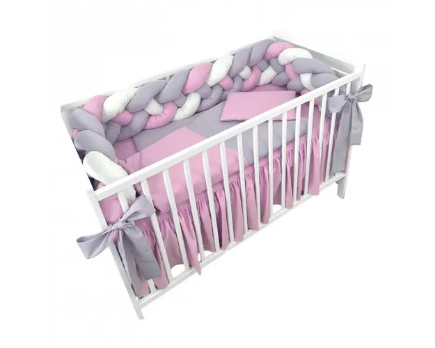 Aparatoare laterala patut bebe Deseda bumper impletita in 4 din bumbac 240 cm roz pal-alb-gri