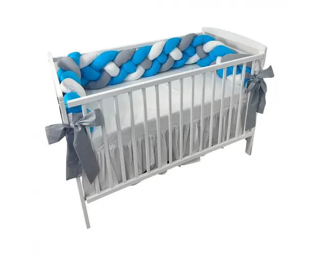 Aparatoare laterala patut bebe Deseda bumper impletita in 4 din bumbac 240 cm turqoise-alb-gri