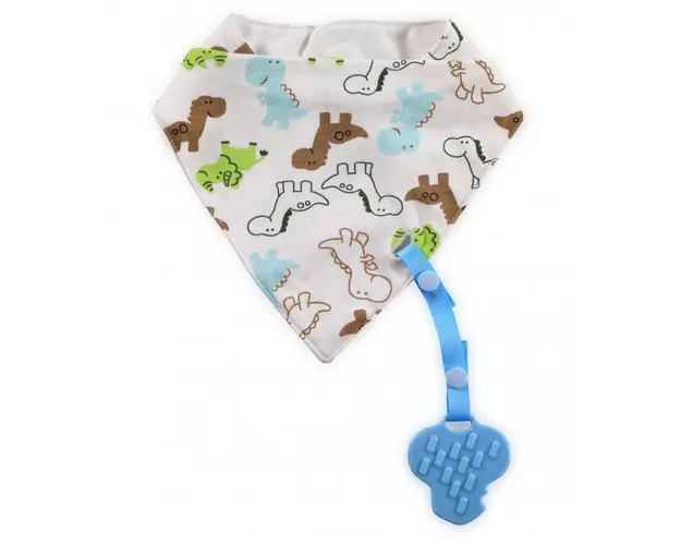 Baveta tip bandana cu snur si jucarie dentitie bumbac Boy albastru
