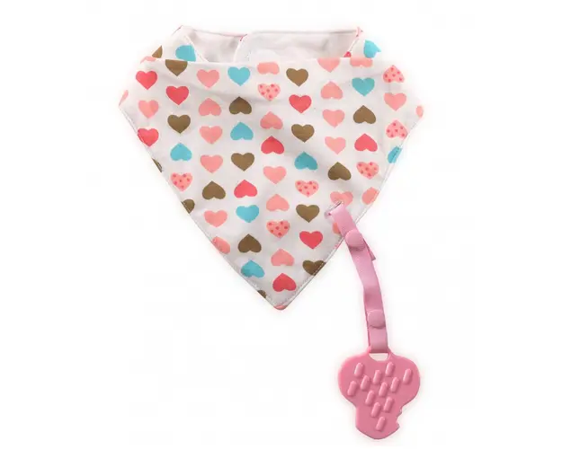 Baveta tip bandana cu snur si jucarie dentitie bumbac Girl roz